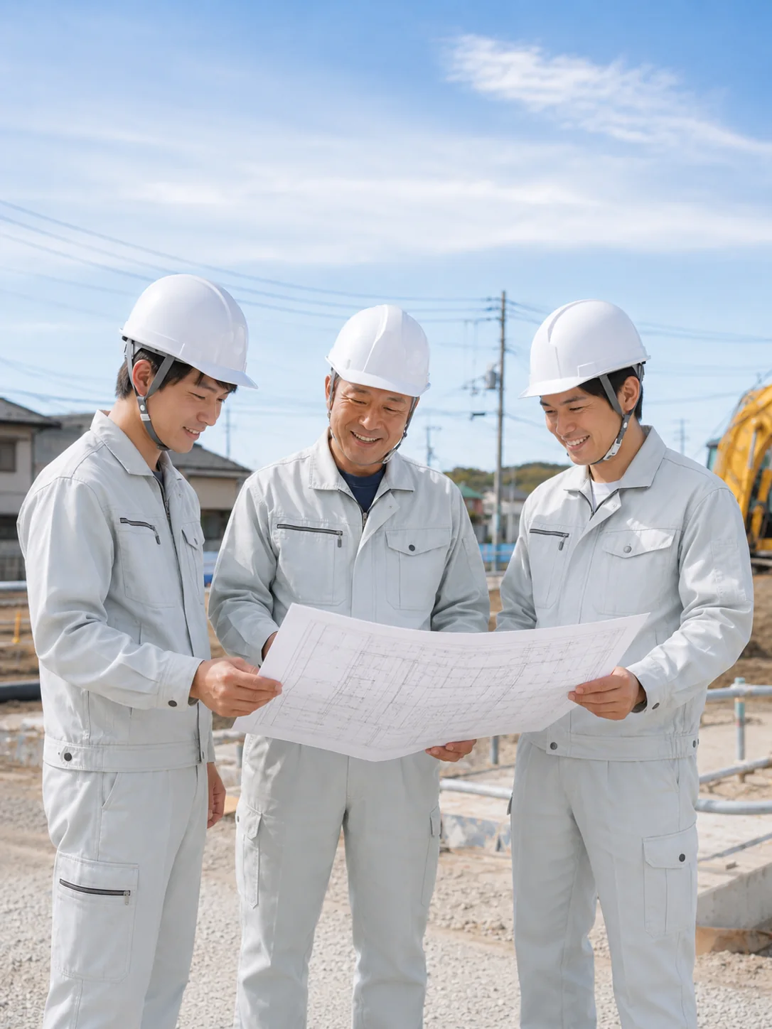 工事現場で図面を囲んで打ち合わせをする石澤設備工業の職人3名