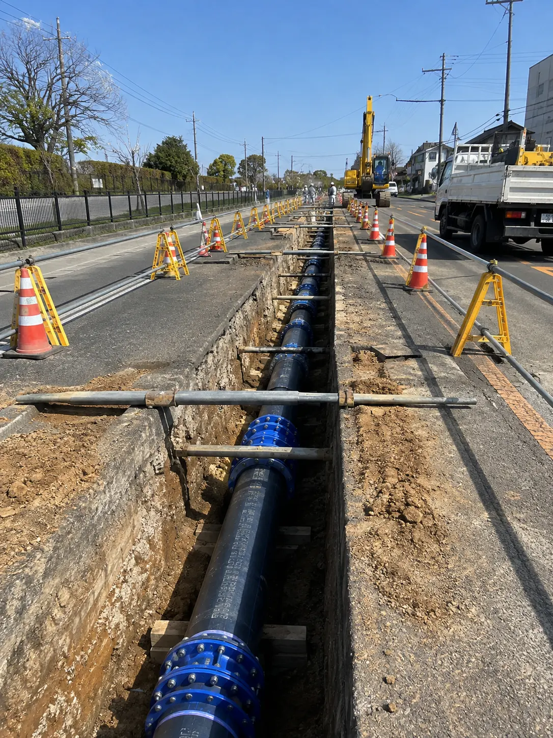 道路を掘削して水道本管を敷設している工事現場